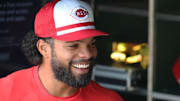 May 19, 2025; Pittsburgh, Pennsylvania, USA;  Cincinnati Reds outfielder Rece Hinds (57) reacts in the dugout before the game against the Pittsburgh Pirates at PNC Park. Mandatory Credit: Charles LeClaire-Imagn Images