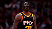 Dec 27, 2023; Houston, Texas, USA; Phoenix Suns forward Nassir Little (25) against the Houston Rockets during the third quarter at Toyota Center. Mandatory Credit: Erik Williams-USA TODAY Sports