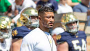 Apr 12, 2025; Notre Dame, IN, USA; Notre Dame Fighting Irish head coach Marcus Freeman waits to run onto the field during the Blue-Gold game at Notre Dame Stadium. Mandatory Credit: Michael Caterina-Imagn Images