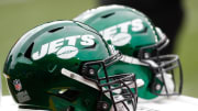 Oct 2, 2022; Pittsburgh, Pennsylvania, USA;  New York Jets helmets on the sidelines against the Pittsburgh Steelers during the second quarter at Acrisure Stadium.