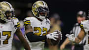 Oct 31, 2021; New Orleans, Louisiana, USA;  New Orleans Saints safety C.J. Gardner-Johnson (22) celebrates a fumble recovery against Tampa Bay Buccaneers during the second half at Caesars Superdome. Mandatory Credit: Stephen Lew-Imagn Images