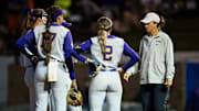 LSU Tigers head coach Beth Torina talks with her team during the 8th inning against the Florida Gators at Katie Seashole Pressly Stadium at the University of Florida in Gainesville, FL on Monday, April 8, 2024. [Matt Pendleton/Gainesville Sun]