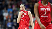  Indiana Fever guard Caitlin Clark (22) reacts during the second half against the Connecticut Sun during game two of the first round of the 2024 WNBA Playoffs at Mohegan Sun Arena.