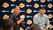 Feb 4, 2025; El Segundo, CA, USA; Los Angeles Lakers vice president of basketball operations and general manager Rob Pelinka speaks before introducing Luka Doncic at UCLA Health Training Center. Mandatory Credit: Gary A. Vasquez-Imagn Images