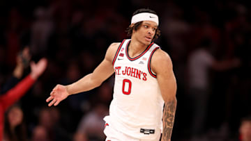 Creighton v St. John's; St. John's basketball forward Aaron Scott celebrates after making a 3-pointer against Creighton