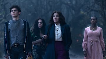 (L-R): Teen (Joe Locke), Rio Vidal (Aubrey Plaza), Agatha Harkness (Kathryn Hahn) and Jennifer Kale (Sasheer Zamata) in Marvel Television's AGATHA ALL ALONG, exclusively on Disney+. Photo by Chuck Zlotnick. © 2024 MARVEL.