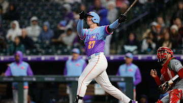 Apr 25, 2025; Denver, Colorado, USA; Colorado Rockies left fielder Jordan Beck (27) watches his ball on a solo home run in the third inning against the Cincinnati Reds at Coors Field. Mandatory Credit: Isaiah J. Downing-Imagn Images