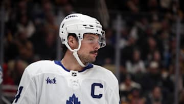 Dec 7, 2024; Pittsburgh, Pennsylvania, USA;  Toronto Maple Leafs center Auston Matthews (34) looks on against the Pittsburgh Penguins during the third period at PPG Paints Arena. Mandatory Credit: Charles LeClaire-Imagn Images