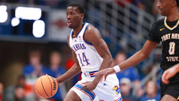 Kansas Jayhawks guard Melvin Council Jr. (14) drives the ball during the first half of the exhibition game against Fort Hays State Tigers inside Allen Fieldhouse on Tuesday, October, 28, 2025.