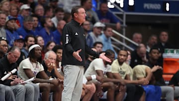 Kansas Jayhawks head coach Bill Self reacts during the first half of the game against Texas A&M-Corpus Christi Islanders inside Allen Fieldhouse on Nov. 11, 2025.
