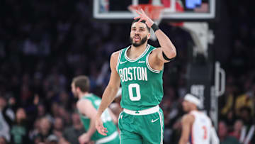 Feb 8, 2025; New York, New York, USA;  Boston Celtics forward Jayson Tatum (0) gestures after making a three point shot in the first quarter against the New York Knicks at Madison Square Garden. Mandatory Credit: Wendell Cruz-Imagn Images