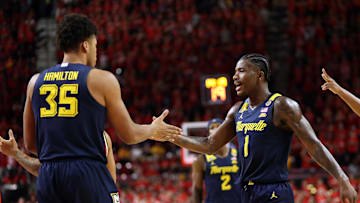 Nov 15, 2024; College Park, Maryland, USA; Marquette Golden Eagles guard Kam Jones (1) celebrates with Marquette Golden Eagles forward Caedin Hamilton (35) during the first half against the Maryland Terrapins at Xfinity Center. Mandatory Credit: Daniel Kucin Jr.-Imagn Images


