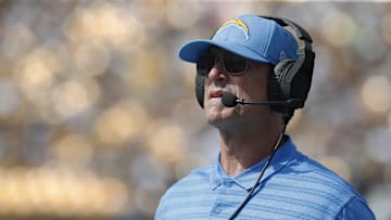 Sep 22, 2024; Pittsburgh, Pennsylvania, USA;  Los Angeles Chargers head coach Jim Harbaugh looks on from the sidelines during the second quarter against the Pittsburgh Steelers at Acrisure Stadium. Mandatory Credit: Charles LeClaire-Imagn Images