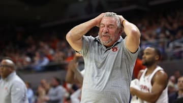 Feb 19, 2025; Auburn, Alabama, USA;  Auburn Tigers head coach Bruce Pearl reacts to a turnover during the second half against the Arkansas Razorbacks at Neville Arena. Mandatory Credit: John Reed-Imagn Images