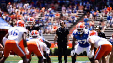 Florida Gators head coach Billy Napier looks on during the first half at the Orange and Blue spring football game at Steve Spurrier Field at Ben Hill Griffin Stadium in Gainesville, FL on Saturday, April 13, 2024. [Matt Pendleton/Gainesville Sun]