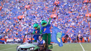 Florida Gators mascots Albert and Alberta the Alligator wave to the crowd before the game against the South Carolina Gamecocks at Steve Spurrier Field at Ben Hill Griffin Stadium in Gainesville, FL on Saturday, November 12, 2022. [Matt Pendleton/Gainesville Sun]

Ncaa Football Florida Gators Vs South Carolina Gamecocks

Syndication Gainesville Sun