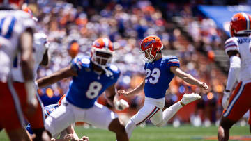 Florida Gators kicker Trey Smack (29) kicks a field goal during the first half at the Orange and Blue spring football game at Steve Spurrier Field at Ben Hill Griffin Stadium in Gainesville, FL on Saturday, April 13, 2024. [Matt Pendleton/Gainesville Sun]