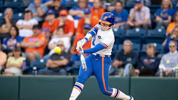 Florida Gators catcher Jocelyn Erickson (8) hits the ball against the LSU Tigers during the game at Katie Seashole Pressly Stadium at the University of Florida in Gainesville, FL on Monday, April 8, 2024. [Matt Pendleton/Gainesville Sun]