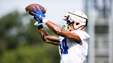 Florida Gators wide receiver Andy Jean (14) makes a catch during fall football practice at Heavener Football Complex at the University of Florida in Gainesville, FL on Wednesday, July 31, 2024. [Matt Pendleton/Gainesville Sun]