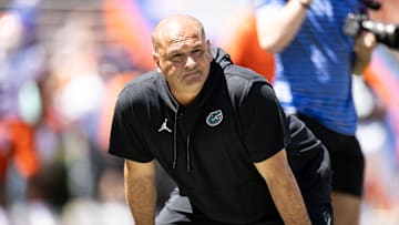 Florida Gators assistant coach for wide receivers Billy Gonzales looks on before the game at the Orange and Blue spring football game at Steve Spurrier Field at Ben Hill Griffin Stadium in Gainesville, FL on Saturday, April 13, 2024. [Matt Pendleton/Gainesville Sun]