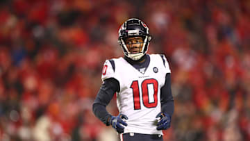 Jan 12, 2020; Kansas City, MO, USA; Houston Texans wide receiver DeAndre Hopkins (10) against the Kansas City Chiefs in a AFC Divisional Round playoff football game at Arrowhead Stadium.  Mandatory Credit: Mark J. Rebilas-Imagn Images