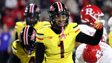 Nov 16, 2024; College Park, Maryland, USA; Maryland Terrapins defensive back Glendon Miller (1) celebrates during the second half against the Rutgers Scarlet Knights at SECU Stadium. Mandatory Credit: Daniel Kucin Jr.-Imagn Images