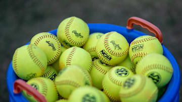 Softballs in a bucket before the game between the Florida Gators and Auburn Tigers during the softball game at Katie Seashole Pressly Stadium at the University of Florida in Gainesville, FL on Thursday, April 6, 2023. [Matt Pendleton/Gainesville Sun]

Ncaa Softball Florida Gators Vs Auburn Tigers
