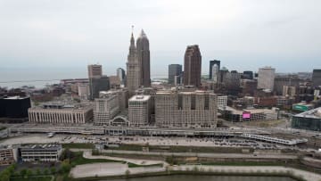 Apr 28, 2021; Cleveland, Ohio, USA; A general aerial view of the downtown skyline and Cuyahoga River