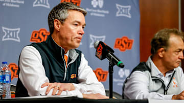 Chad Weiberg, Oklahoma State athletic director, speaks as Oklahoma State wrestling coach John Smith announces his retirement during a press conference at Oklahoma State in Stillwater, Okla., on Monday, April 15, 2024.