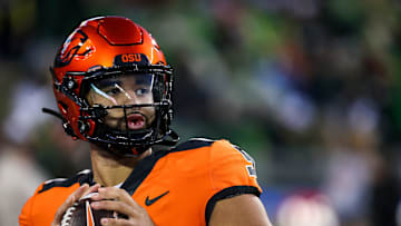 Oregon State Beavers quarterback DJ Uiagalelei warm ups before the annual rivalry game against