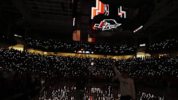 Jan 18, 2025; Lubbock, Texas, USA; A general view of a time-out in the second half at United Supermarkets Arena during the game between the Texas Tech Red Raiders and the Arizona Wildcats. Mandatory Credit: Michael C. Johnson-Imagn Images