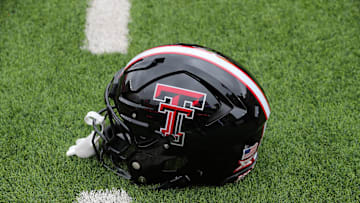 Oct 19, 2024; Lubbock, Texas, USA;  A general view of a Texas Tech Red Raiders helmet on the field before the game against the Baylor Bears at Jones AT&T Stadium and Cody Campbell Field. Mandatory Credit: Michael C. Johnson-Imagn Images