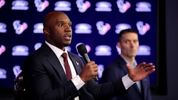 Feb 2, 2023; Houston, TX, USA; Houston Texans head coach Demeco Ryans speaks to the media during his introductory press conference as general manager Nick Caserio (right) looks on at NRG Stadium. Mandatory Credit: Erik Williams-Imagn Images