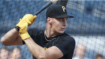 Aug 2, 2024; Pittsburgh, Pennsylvania, USA;  Pittsburgh Pirates shortstop Konnor Griffin who was the ninth overall pick in first round of the 2024 First-Year Player Draft in the batting cage before a game against the Arizona Diamondbacks at PNC Park. Mandatory Credit: Charles LeClaire-Imagn Images
