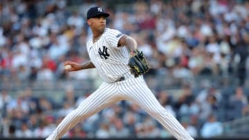 Jul 2, 2024; Bronx, New York, USA; New York Yankees starting pitcher Luis Gil (81) pitches against the Cincinnati Reds during the second inning at Yankee Stadium. Mandatory Credit: Brad Penner-USA TODAY Sports