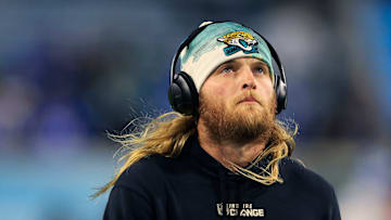 Jacksonville Jaguars safety Andrew Wingard (42) listens to music before an NFL first round playoff football matchup between the Jacksonville Jaguars and the Los Angeles Chargers Saturday, Jan. 14, 2023 at TIAA Bank Field in Jacksonville, Fla.