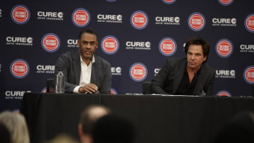 Jun 13, 2023; Detroit, MI, USA; Detroit Pistons general manager Troy Weaver and owner Tom Gores