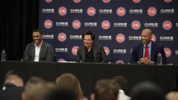 Jun 13, 2023; Detroit, MI, USA; Troy Weaver, general manager of the Detroit Pistons, owner Tom Gores and coach Monty Williams