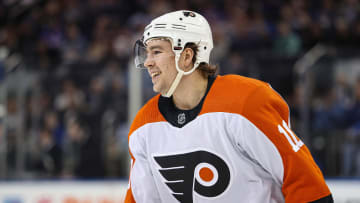 Apr 11, 2024; New York, New York, USA; Philadelphia Flyers right wing Bobby Brink (10) celebrates his goal against the New York Rangers during the second period at Madison Square Garden. Mandatory Credit: Danny Wild-USA TODAY Sports