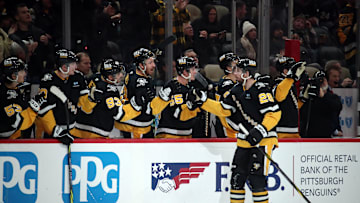 Dec 3, 2024; Pittsburgh, Pennsylvania, USA;  Pittsburgh Penguins defenseman Marcus Pettersson (28) celebrates with the bench after scoring a goal against the Florida Panthers during the third period at PPG Paints Arena. Mandatory Credit: Charles LeClaire-Imagn Images
