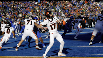 Nov 29, 2024; Boise, Idaho, USA; Oregon State Beavers quarterback Ben Gulbranson (17) during the first half against the Boise State Broncos at Albertsons Stadium. Mandatory Credit: Brian Losness-Imagn Images

