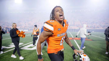 Oct 28, 2023; Stillwater, Oklahoma, USA; Oklahoma State Cowboys running back Ollie Gordon II (0) celebrates after a college football game between Oklahoma State and Cincinnati at Boone Pickens Stadium. Oklahoma State won 45-13.