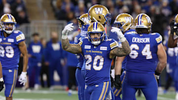 Nov 9, 2024; Winnipeg, Manitoba, CAN;  Winnipeg Blue Bombers running back Brady Oliveira (20) celebrates his run during the first half of the game between the Winnipeg Blue Bombers and the Saskatchewan Roughriders at Princess Auto Stadium. Mandatory Credit: Bruce Fedyck-Imagn Images
