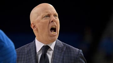 Nov 10, 2025; Los Angeles, California, USA; UCLA Bruins head coach Mick Cronin yells as players during the first half against the West Georgia Wolves at Pauley Pavilion presented by Wescom Financial. Mandatory Credit: Jayne Kamin-Oncea-Imagn Images