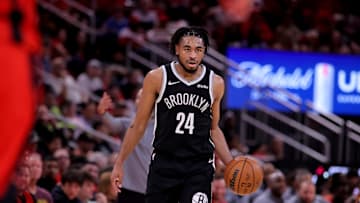 Oct 27, 2025; Houston, Texas, USA; Brooklyn Nets guard Cam Thomas (24) handles the ball against the Houston Rockets during the third quarter at Toyota Center. Mandatory Credit: Erik Williams-Imagn Images
