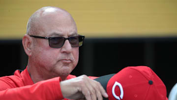 May 19, 2025; Pittsburgh, Pennsylvania, USA;  Cincinnati Reds manager Terry Francona (77) looks on from the dugout before the game against the Pittsburgh Pirates at PNC Park. Mandatory Credit: Charles LeClaire-Imagn Images