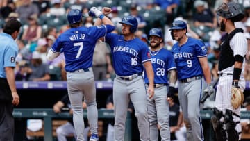 Jul 7, 2024; Denver, Colorado, USA; Kansas City Royals shortstop Bobby Witt Jr. (7) celebrates his three run home run with outfielder Hunter Renfroe (16) ahead of center fielder Kyle Isbel (28) and designated hitter Vinnie Pasquantino (9) in the ninth inning against the Colorado Rockies at Coors Field. Mandatory Credit: Isaiah J. Downing-USA TODAY Sports