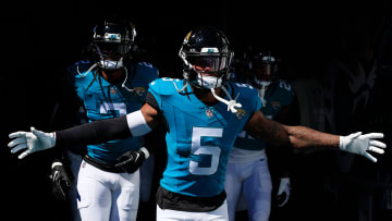 Jacksonville Jaguars safety Andre Cisco (5) runs onto the field before an NFL football matchup Sunday, Oct. 15, 2023 at EverBank Stadium in Jacksonville, Fla. The Jacksonville Jaguars defeated the Indianapolis Colts 37-20. [Corey Perrine/Florida Times-Union]
