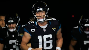 Jacksonville Jaguars quarterback Trevor Lawrence (16) leads his team onto the field before a regular season NFL football matchup Monday, Dec. 4, 2023 at EverBank Stadium in Jacksonville, Fla. The Cincinnati Bengals defeated the Jacksonville Jaguars 34-31 in overtime. [Corey Perrine/Florida Times-Union]