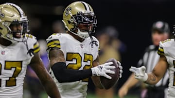 Oct 31, 2021; New Orleans, Louisiana, USA;  New Orleans Saints safety C.J. Gardner-Johnson (22) celebrates a fumble recovery against Tampa Bay Buccaneers during the second half at Caesars Superdome. Mandatory Credit: Stephen Lew-Imagn Images